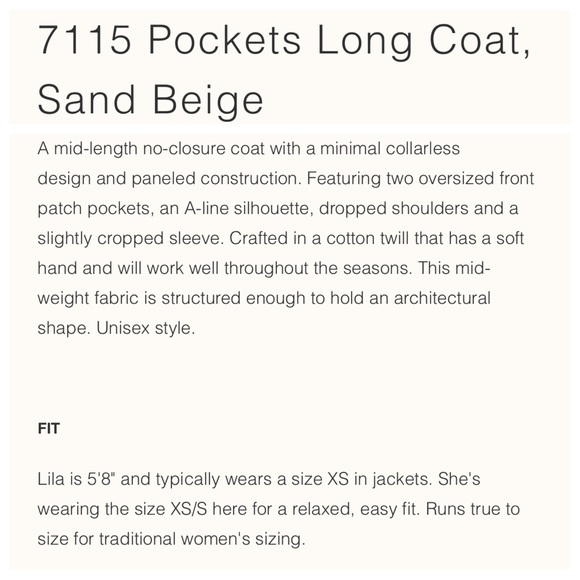 7115 by Szeki Pockets Long Coat, Sand Beige, XS/S, EUC - Picture 4 of 13